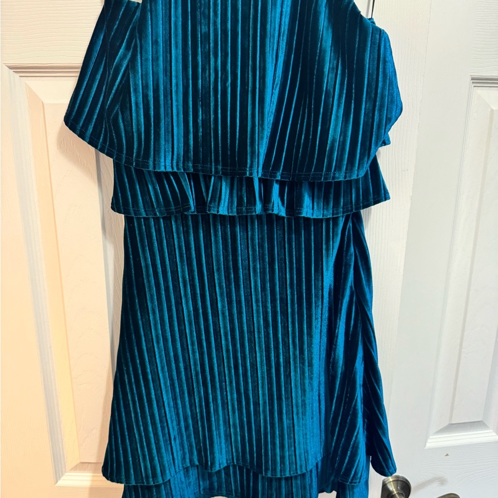 Teal Striped Velvet Ruffle Dress